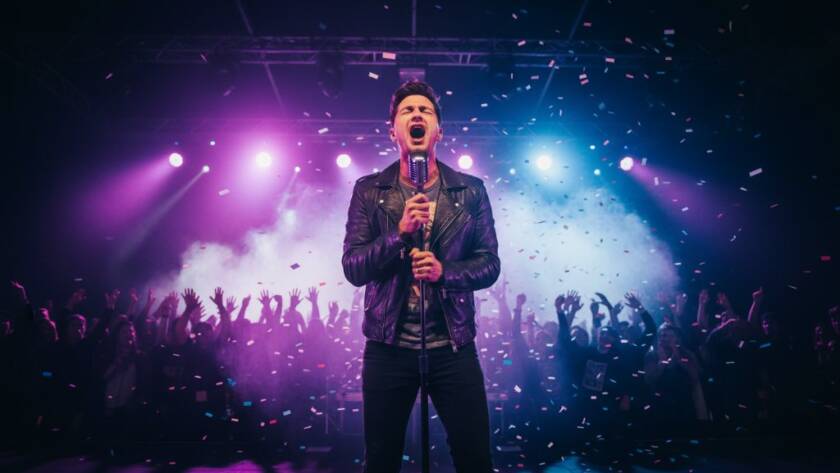 Dramatic wide-angle shot of a lead guitarist shredding on stage under vibrant stage lights, surrounded by an energetic crowd, perfectly Capturing Live Music Vibes Murrumbeena Victoria in an epic moment of performance.