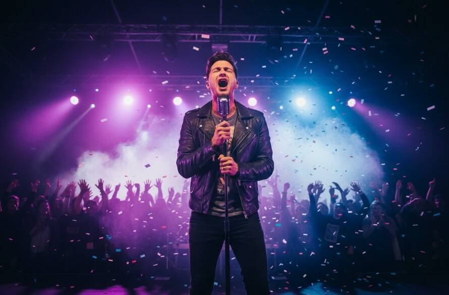 Dramatic wide-angle shot of a lead guitarist shredding on stage under vibrant stage lights, surrounded by an energetic crowd, perfectly Capturing Live Music Vibes Murrumbeena Victoria in an epic moment of performance.