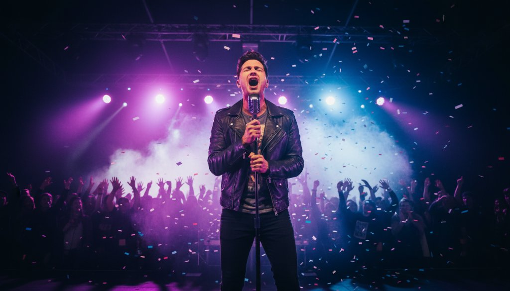 Dramatic wide-angle shot of a lead guitarist shredding on stage under vibrant stage lights, surrounded by an energetic crowd, perfectly Capturing Live Music Vibes Murrumbeena Victoria in an epic moment of performance.