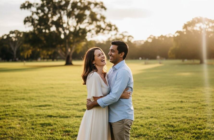 Epic moment photograph of a joyful couple embracing amidst golden hour light in a Hampton Park park, showcasing Capturing love Hampton Park pre-wedding photography Victoria, with a bokeh background of Australian gum trees.