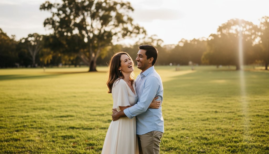 Epic moment photograph of a joyful couple embracing amidst golden hour light in a Hampton Park park, showcasing Capturing love Hampton Park pre-wedding photography Victoria, with a bokeh background of Australian gum trees.