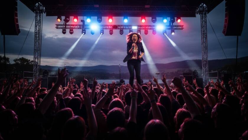 Dramatic wide-angle shot capturing Lysterfield concert energy photography, showing a lead singer mid-scream under dynamic stage lights, with a cheering crowd silhouetted in the foreground, showcasing an epic moment of live music in Victoria.