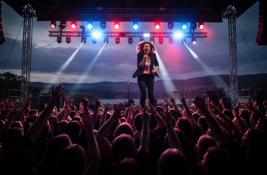 Dramatic wide-angle shot capturing Lysterfield concert energy photography, showing a lead singer mid-scream under dynamic stage lights, with a cheering crowd silhouetted in the foreground, showcasing an epic moment of live music in Victoria.