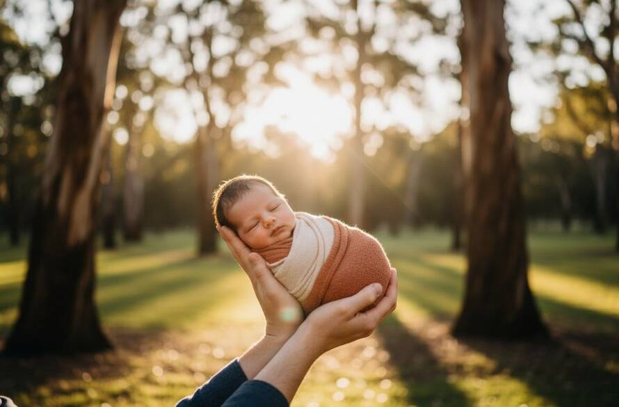 An ethereal, wide-angle photograph showcasing the delicate beauty of a newborn cradled gently in a parent's arms amidst the soft, golden light of a Lysterfield natural park at sunrise, embodying the essence of Capturing Lysterfield newborn joy outdoor photography.