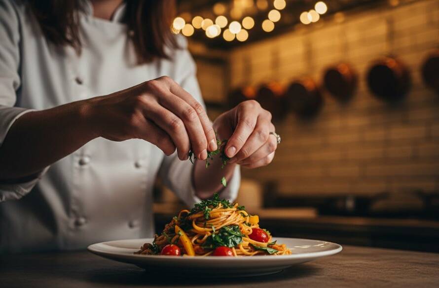 A dramatic, close-up shot of a gourmet dish, beautifully styled under professional lighting, embodying 'Capturing Maidstone's unique culinary charm food photography' with steam rising from a freshly plated meal at a vibrant Maidstone eatery, highlighting rich textures and colours.