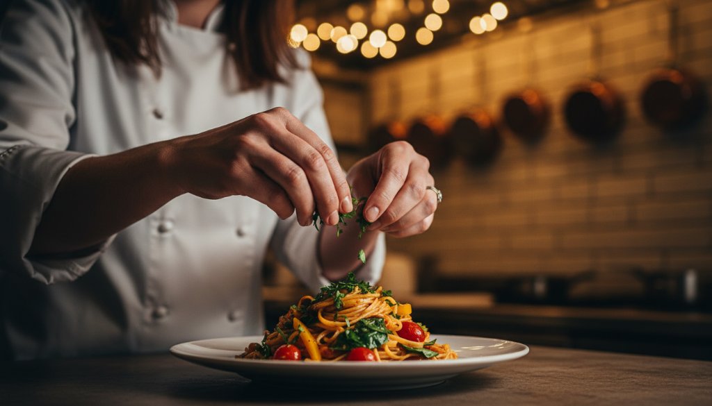 A dramatic, close-up shot of a gourmet dish, beautifully styled under professional lighting, embodying 'Capturing Maidstone's unique culinary charm food photography' with steam rising from a freshly plated meal at a vibrant Maidstone eatery, highlighting rich textures and colours.