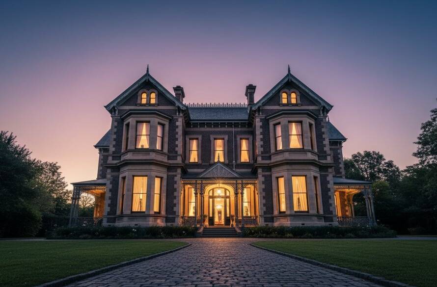 Dramatic wide-angle shot of a grand Victorian era mansion in Malvern, Victoria, at dusk, with warm lights glowing from inside, showcasing the intricate iron lacework and classic façade against a deep blue sky, perfectly capturing Malvern's Victorian Architecture Photography.