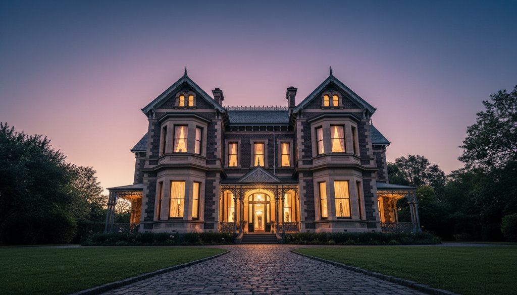 Dramatic wide-angle shot of a grand Victorian era mansion in Malvern, Victoria, at dusk, with warm lights glowing from inside, showcasing the intricate iron lacework and classic façade against a deep blue sky, perfectly capturing Malvern's Victorian Architecture Photography.