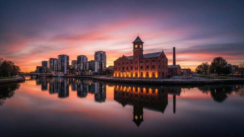 Epic aerial shot Capturing Maribyrnong's unique architectural identity, showcasing a dramatic sunset over the Maribyrnong River with the historical Footscray Community Arts Centre's facade bathed in golden light, contrasted by modern developments, professionally colour-graded.