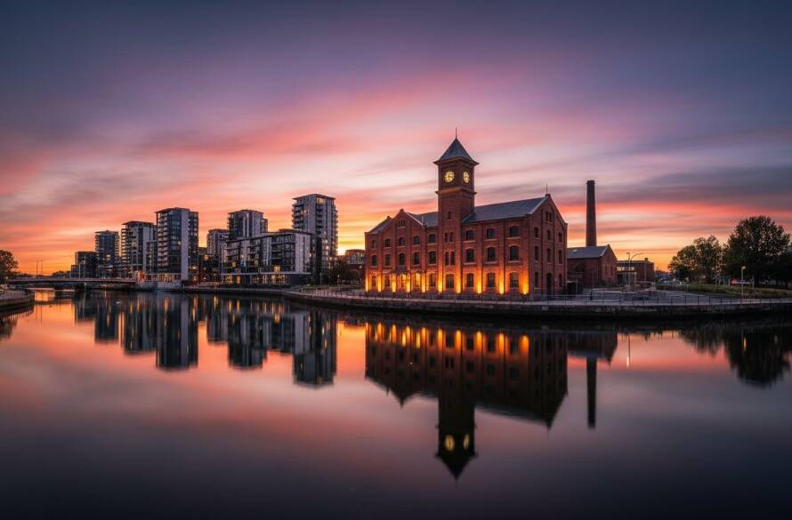 Epic aerial shot Capturing Maribyrnong's unique architectural identity, showcasing a dramatic sunset over the Maribyrnong River with the historical Footscray Community Arts Centre's facade bathed in golden light, contrasted by modern developments, professionally colour-graded.