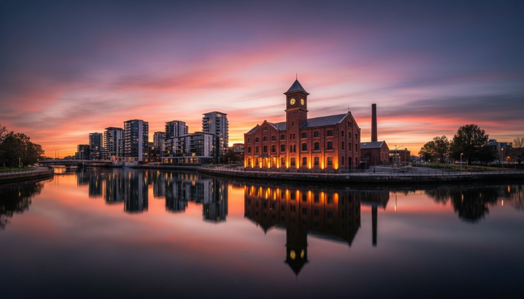 Epic aerial shot Capturing Maribyrnong's unique architectural identity, showcasing a dramatic sunset over the Maribyrnong River with the historical Footscray Community Arts Centre's facade bathed in golden light, contrasted by modern developments, professionally colour-graded.