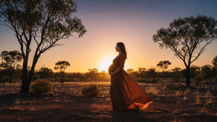 An ethereal and professional photograph of a glowing expectant mother at sunset in Officer's lush bushland, showcasing the beauty of Capturing Maternity Glow Officer Victoria Bushland, with dramatic golden light filtering through trees, a flowing gown, and a serene expression.