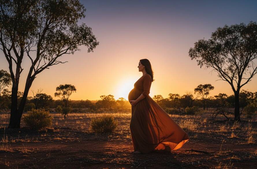 An ethereal and professional photograph of a glowing expectant mother at sunset in Officer's lush bushland, showcasing the beauty of Capturing Maternity Glow Officer Victoria Bushland, with dramatic golden light filtering through trees, a flowing gown, and a serene expression.
