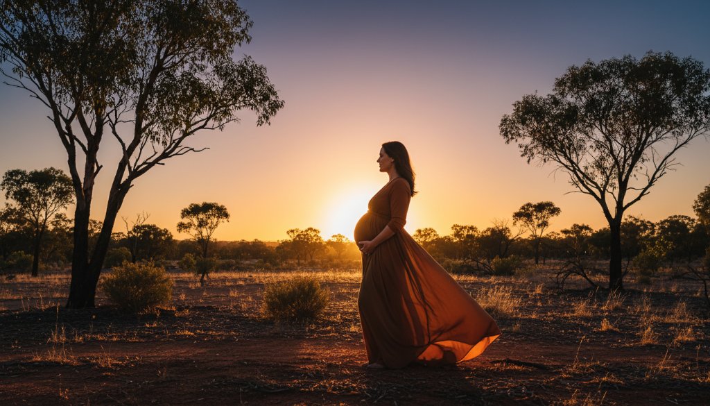 An ethereal and professional photograph of a glowing expectant mother at sunset in Officer's lush bushland, showcasing the beauty of Capturing Maternity Glow Officer Victoria Bushland, with dramatic golden light filtering through trees, a flowing gown, and a serene expression.