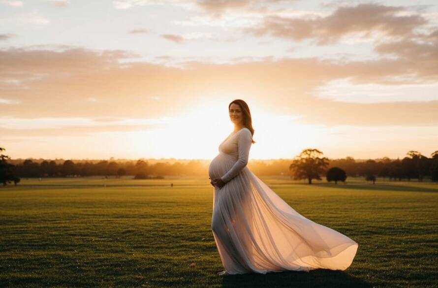 An ethereal and breathtaking outdoor portrait of a pregnant woman at sunset, silhouetted against a golden sky in a serene Templestowe Lower park, beautifully capturing maternity glow Templestowe Lower Victoria, with dramatic light highlighting her baby bump.