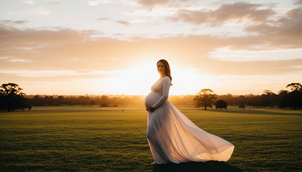 An ethereal and breathtaking outdoor portrait of a pregnant woman at sunset, silhouetted against a golden sky in a serene Templestowe Lower park, beautifully capturing maternity glow Templestowe Lower Victoria, with dramatic light highlighting her baby bump.