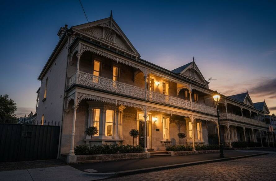 A dramatic sunset illuminates a beautifully restored Victorian terrace house in McKinnon, showcasing intricate lace ironwork and a grand bay window, perfectly capturing McKinnon Victorian heritage architecture with a golden hour glow.