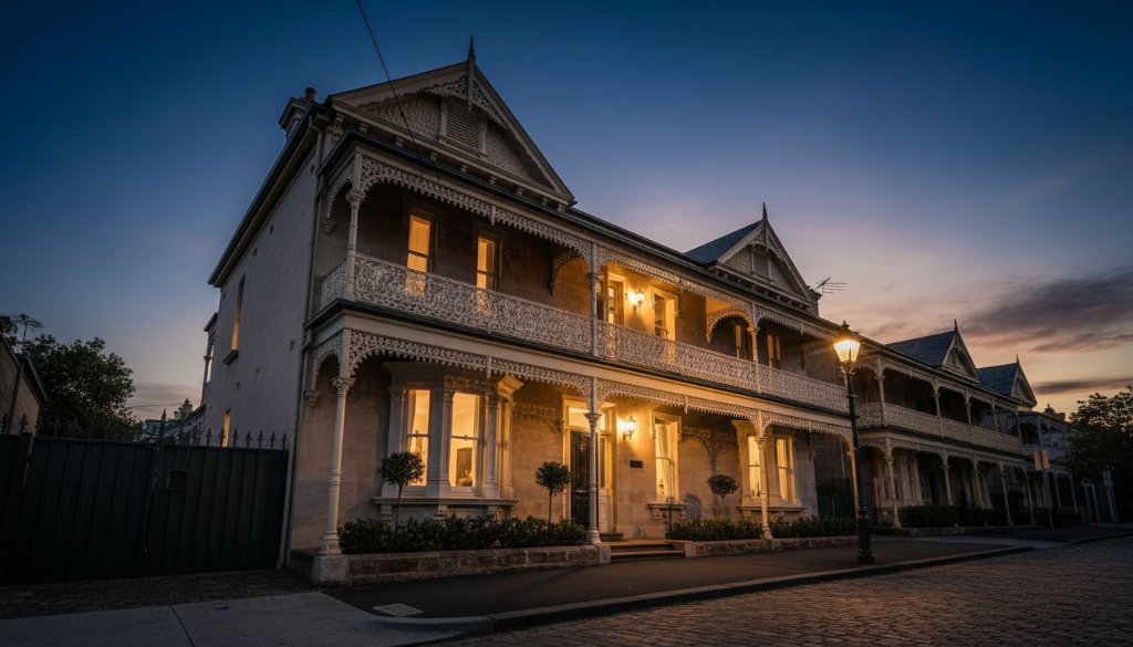 A dramatic sunset illuminates a beautifully restored Victorian terrace house in McKinnon, showcasing intricate lace ironwork and a grand bay window, perfectly capturing McKinnon Victorian heritage architecture with a golden hour glow.