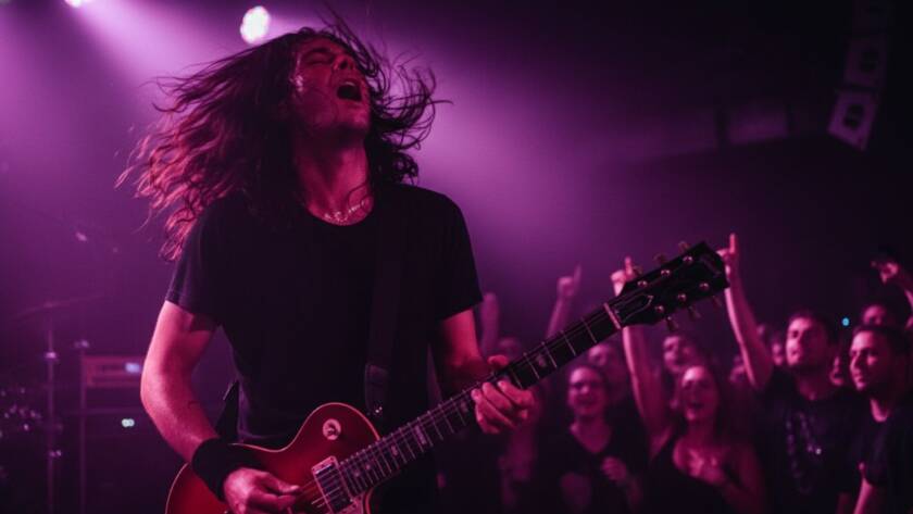 Dramatic wide-angle shot capturing McKinnon's vibrant live music scene photography at a local venue, with a lead guitarist in mid-solo, bathed in intense purple stage lights, surrounded by an energetic crowd. The image conveys the raw energy and excitement of an epic concert moment with professional colour grading.