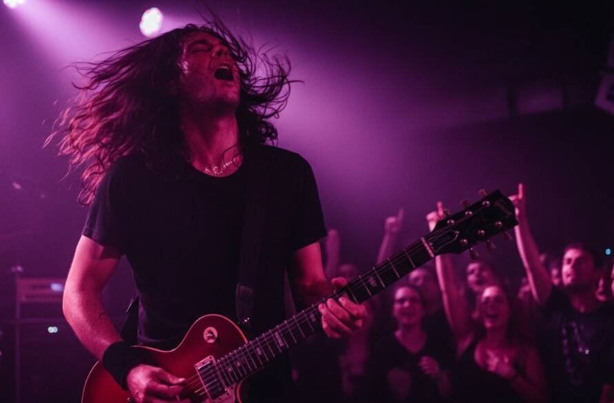 Dramatic wide-angle shot capturing McKinnon's vibrant live music scene photography at a local venue, with a lead guitarist in mid-solo, bathed in intense purple stage lights, surrounded by an energetic crowd. The image conveys the raw energy and excitement of an epic concert moment with professional colour grading.