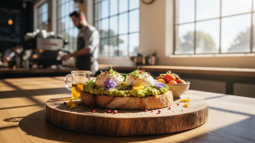 A dynamic, close-up shot of a beautifully plated gourmet dish steaming on a rustic wooden table inside a bustling Melton cafe, sunlight streaming through a window, perfectly illustrating Capturing Melton's Culinary Delights Photography with vibrant colours and textures.