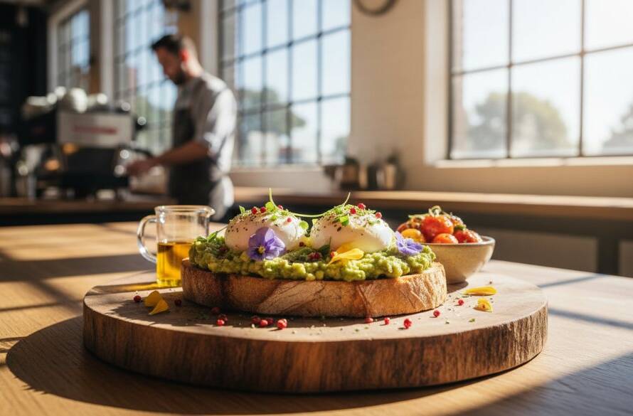 A dynamic, close-up shot of a beautifully plated gourmet dish steaming on a rustic wooden table inside a bustling Melton cafe, sunlight streaming through a window, perfectly illustrating Capturing Melton's Culinary Delights Photography with vibrant colours and textures.