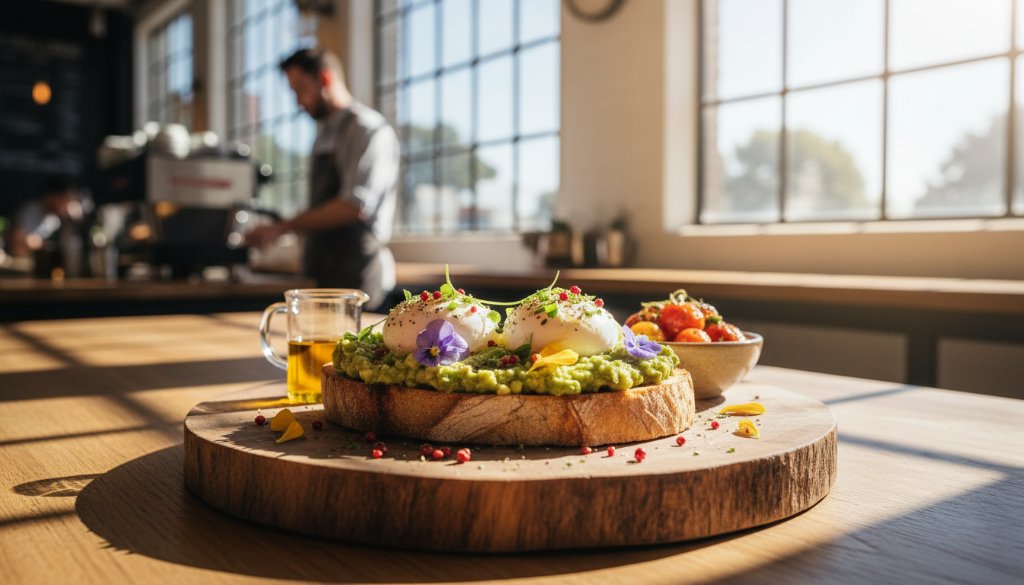 A dynamic, close-up shot of a beautifully plated gourmet dish steaming on a rustic wooden table inside a bustling Melton cafe, sunlight streaming through a window, perfectly illustrating Capturing Melton's Culinary Delights Photography with vibrant colours and textures.
