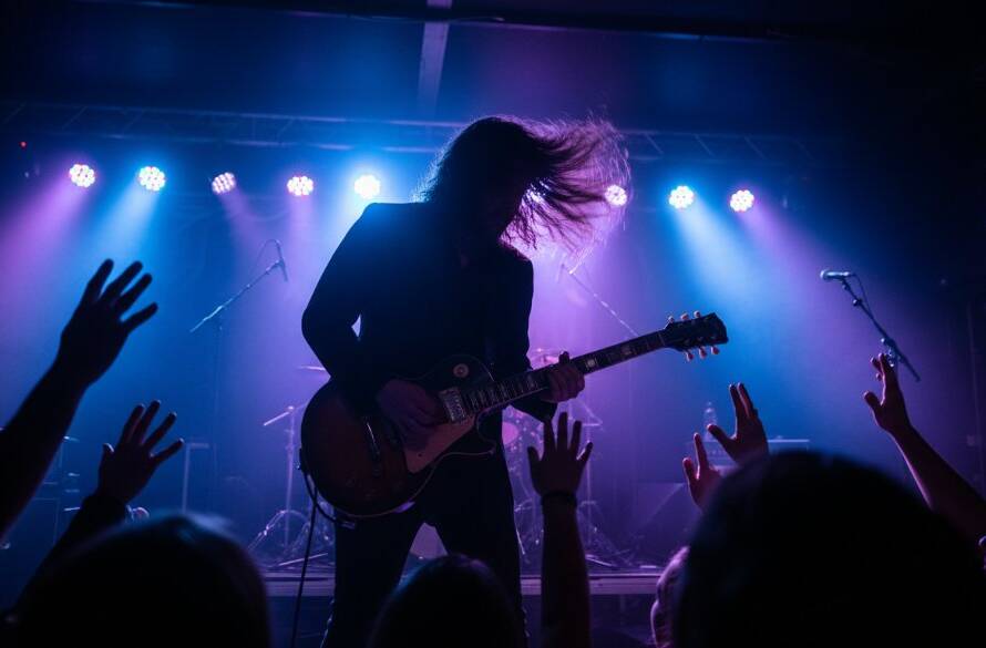 An epic moment of a lead singer passionately performing on stage under dramatic blue and purple lights, captured with incredible vibrance during a Mentone live music photography session, highlighting the raw energy of the concert.