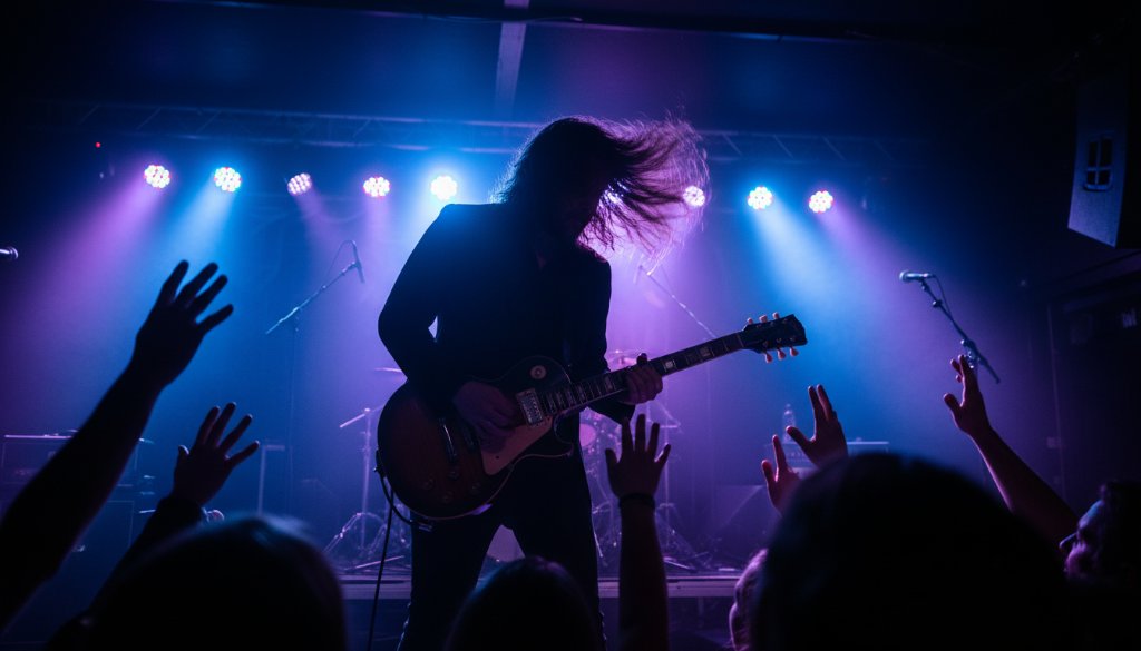 An epic moment of a lead singer passionately performing on stage under dramatic blue and purple lights, captured with incredible vibrance during a Mentone live music photography session, highlighting the raw energy of the concert.