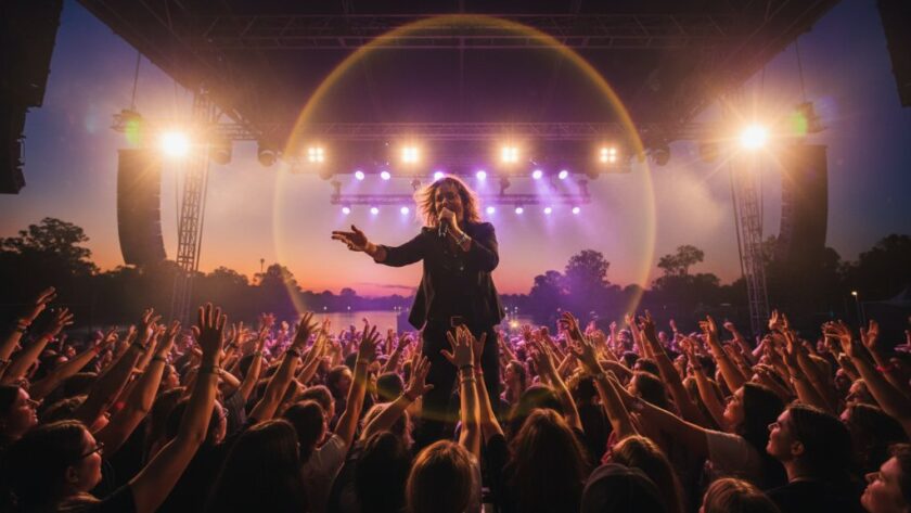 Dramatic wide-angle shot of a lead singer mid-reach, bathed in vibrant stage lights during an epic moment of capturing Moama live music vibrancy photography at a festival near the Murray River.
