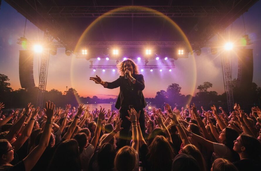 Dramatic wide-angle shot of a lead singer mid-reach, bathed in vibrant stage lights during an epic moment of capturing Moama live music vibrancy photography at a festival near the Murray River.