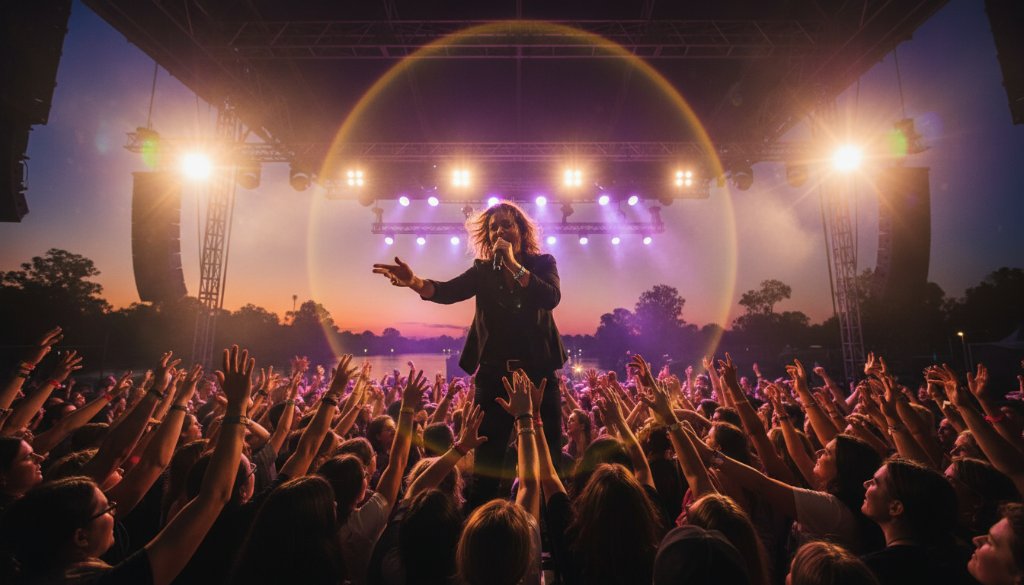 Dramatic wide-angle shot of a lead singer mid-reach, bathed in vibrant stage lights during an epic moment of capturing Moama live music vibrancy photography at a festival near the Murray River.