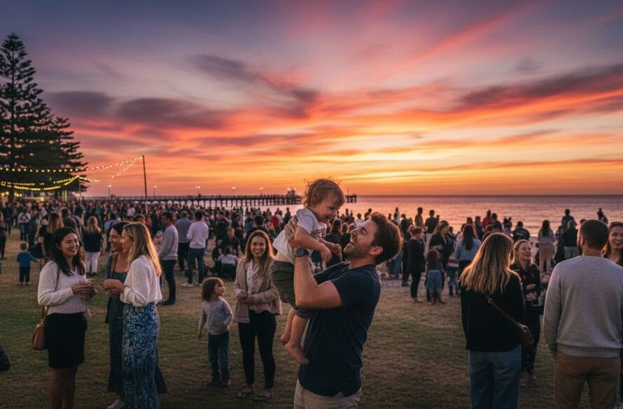 An emotional, wide-angle shot of guests laughing genuinely at a Mordialloc beachside event, beautifully capturing Mordialloc event photography candid moments under a sunset glow, highlighting the joy and genuine atmosphere.