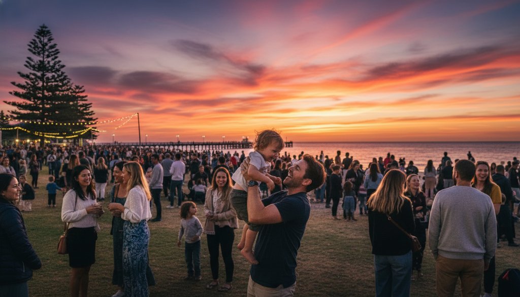 An emotional, wide-angle shot of guests laughing genuinely at a Mordialloc beachside event, beautifully capturing Mordialloc event photography candid moments under a sunset glow, highlighting the joy and genuine atmosphere.