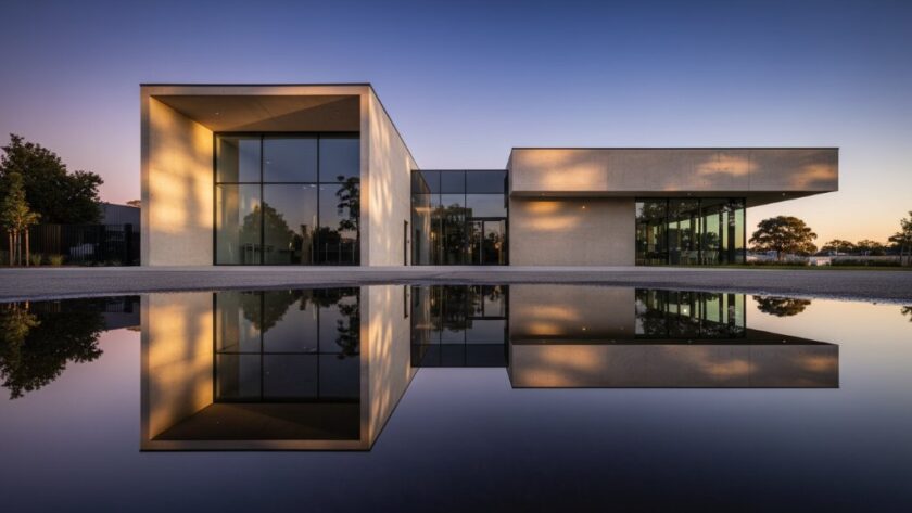 An epic moment photograph capturing Mount Helen's modern architectural design, showcasing a sleek, minimalist building facade at twilight with dramatic lighting and a crisp reflection in a foreground puddle, embodying professional, color-graded architectural photography.
