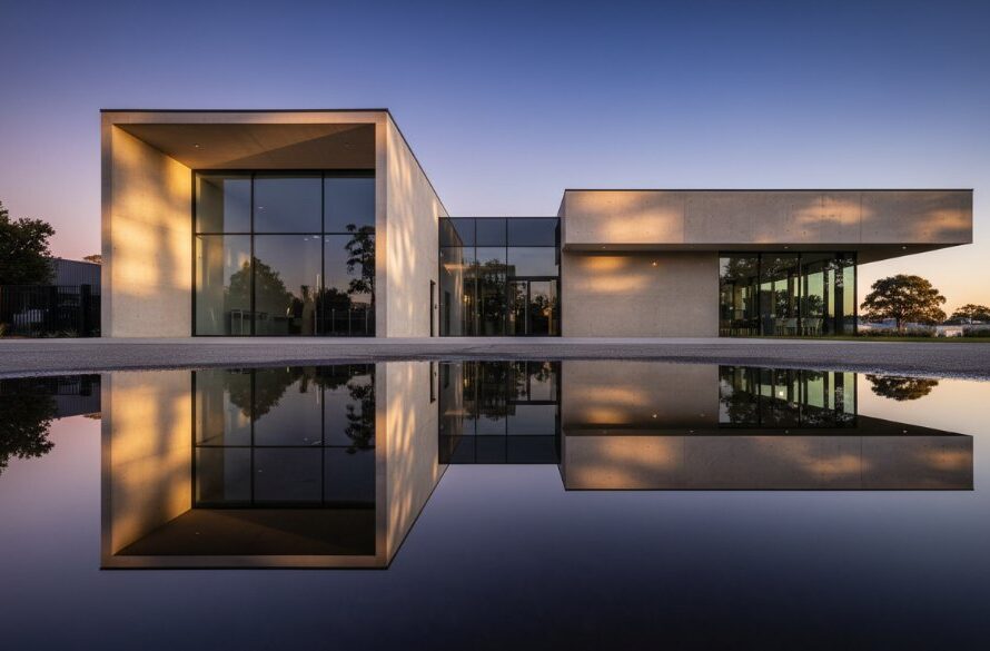 An epic moment photograph capturing Mount Helen's modern architectural design, showcasing a sleek, minimalist building facade at twilight with dramatic lighting and a crisp reflection in a foreground puddle, embodying professional, color-graded architectural photography.