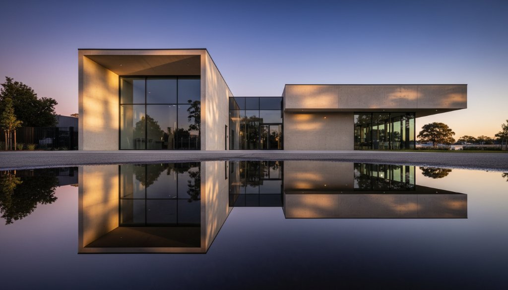 An epic moment photograph capturing Mount Helen's modern architectural design, showcasing a sleek, minimalist building facade at twilight with dramatic lighting and a crisp reflection in a foreground puddle, embodying professional, color-graded architectural photography.