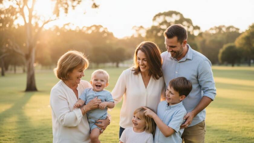 An epic moment capturing natural candid moments Wheelers Hill: A family laughing joyfully during a sunset picnic at Jells Park, with golden light illuminating their genuine expressions, expertly photographed by Image by SD.
