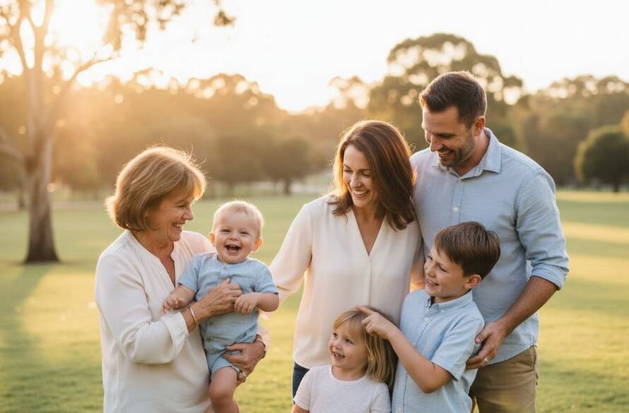 An epic moment capturing natural candid moments Wheelers Hill: A family laughing joyfully during a sunset picnic at Jells Park, with golden light illuminating their genuine expressions, expertly photographed by Image by SD.