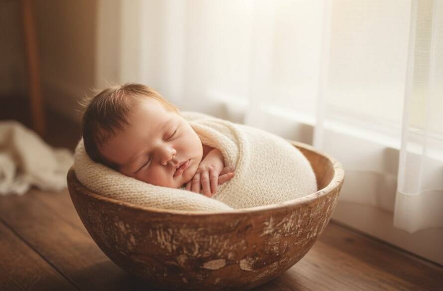A heartwarming, epic moment photograph showcasing the serene innocence of a newborn baby gently swaddled, bathed in soft, ethereal light against a dreamy, blurred background, embodying the essence of capturing newborn joy Albion Victoria photography.