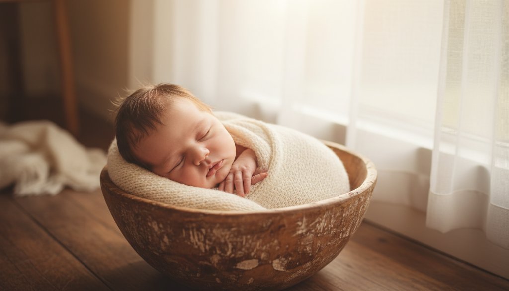 A heartwarming, epic moment photograph showcasing the serene innocence of a newborn baby gently swaddled, bathed in soft, ethereal light against a dreamy, blurred background, embodying the essence of capturing newborn joy Albion Victoria photography.