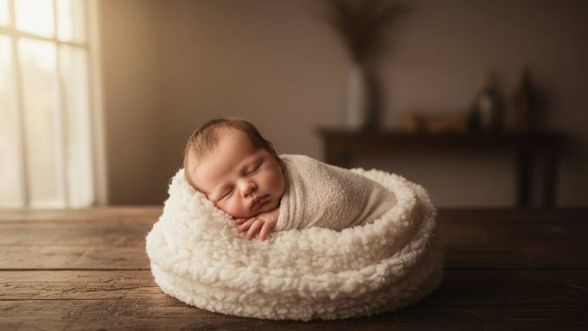 An ethereal, close-up portrait of a sleeping newborn baby, swaddled in soft, textured fabric, with gentle, warm backlighting creating a halo effect, set against a blurred, dreamlike backdrop suggestive of Dingley Village's peaceful environment, embodying the essence of capturing newborn magic Dingley Village photography.