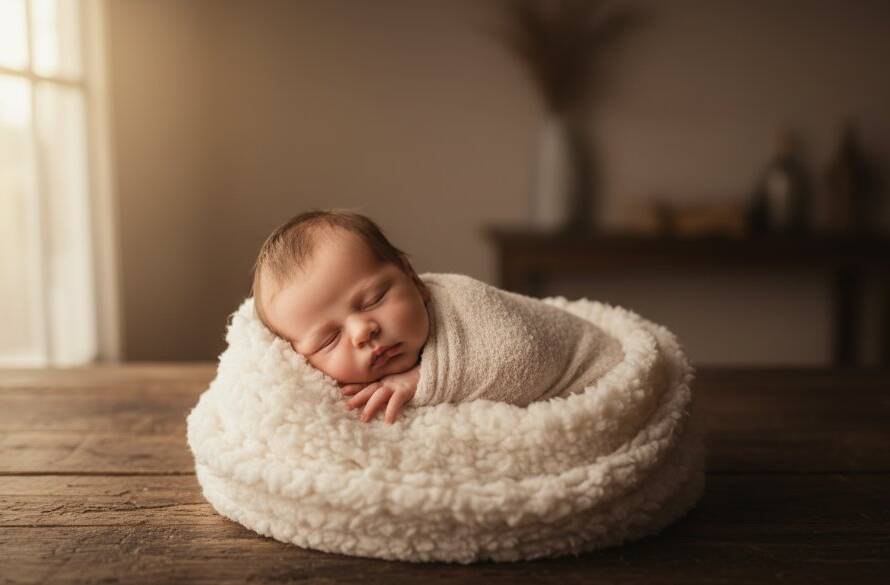 An ethereal, close-up portrait of a sleeping newborn baby, swaddled in soft, textured fabric, with gentle, warm backlighting creating a halo effect, set against a blurred, dreamlike backdrop suggestive of Dingley Village's peaceful environment, embodying the essence of capturing newborn magic Dingley Village photography.