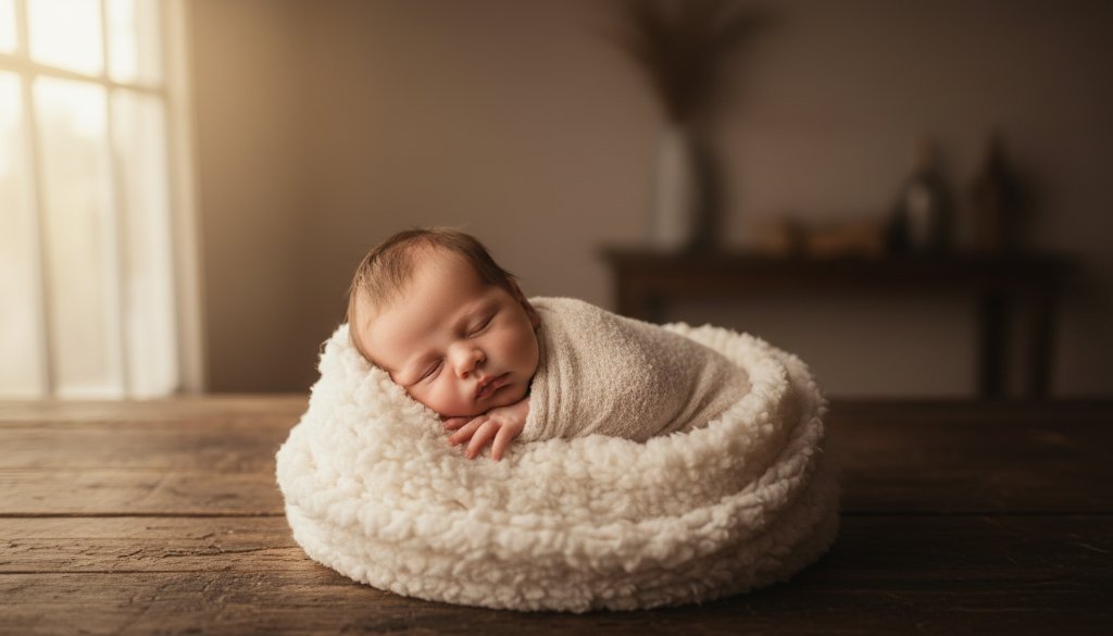 An ethereal, close-up portrait of a sleeping newborn baby, swaddled in soft, textured fabric, with gentle, warm backlighting creating a halo effect, set against a blurred, dreamlike backdrop suggestive of Dingley Village's peaceful environment, embodying the essence of capturing newborn magic Dingley Village photography.