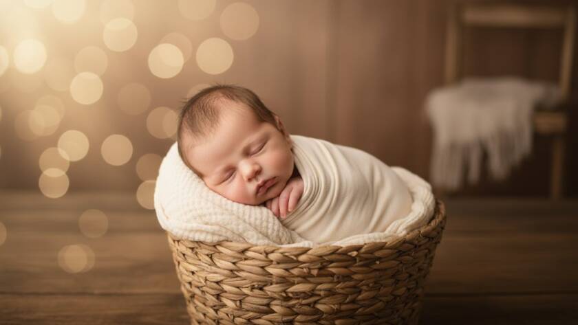 An emotionally resonant, professional photograph showcasing a sleeping newborn baby swaddled in soft, earthy tones, nestled in a rustic wooden basket, with warm, dramatic backlighting creating a halo effect, set in a cozy, natural studio environment in Bulleen, Victoria, embodying the essence of capturing newborn milestones Bulleen Victoria.