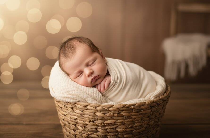 An emotionally resonant, professional photograph showcasing a sleeping newborn baby swaddled in soft, earthy tones, nestled in a rustic wooden basket, with warm, dramatic backlighting creating a halo effect, set in a cozy, natural studio environment in Bulleen, Victoria, embodying the essence of capturing newborn milestones Bulleen Victoria.