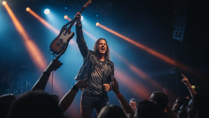 An epic moment of a lead singer passionately performing on stage, bathed in dramatic stage lighting, smoke effects, and a cheering crowd in the background, perfectly capturing Newborough concert photography raw energy and the electrifying atmosphere of a live gig.