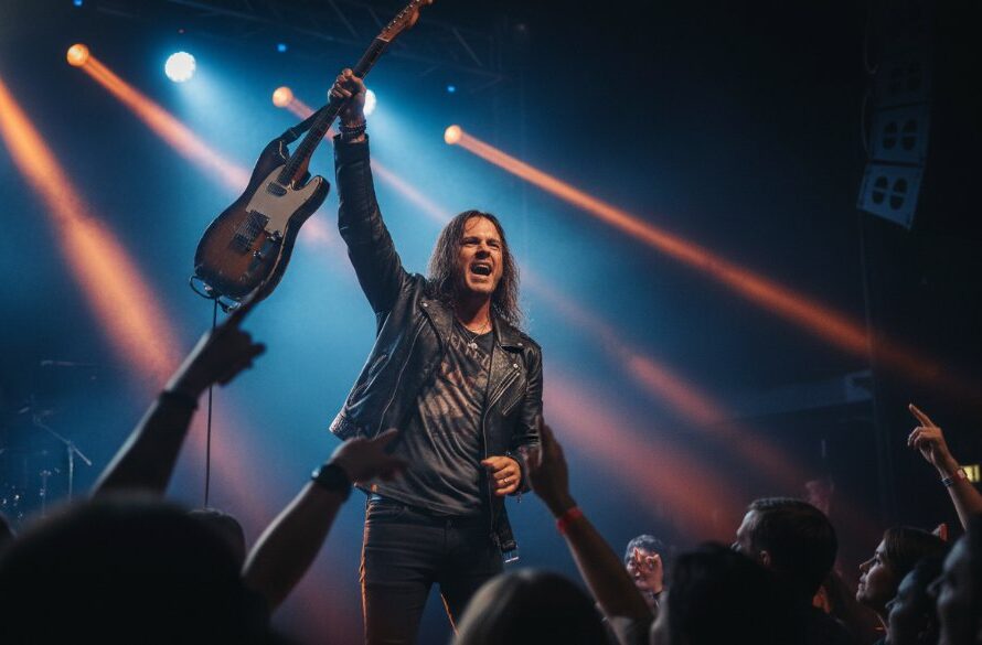 An epic moment of a lead singer passionately performing on stage, bathed in dramatic stage lighting, smoke effects, and a cheering crowd in the background, perfectly capturing Newborough concert photography raw energy and the electrifying atmosphere of a live gig.