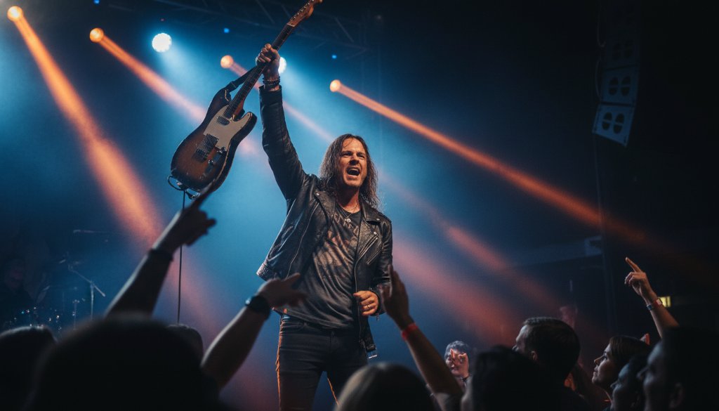 An epic moment of a lead singer passionately performing on stage, bathed in dramatic stage lighting, smoke effects, and a cheering crowd in the background, perfectly capturing Newborough concert photography raw energy and the electrifying atmosphere of a live gig.