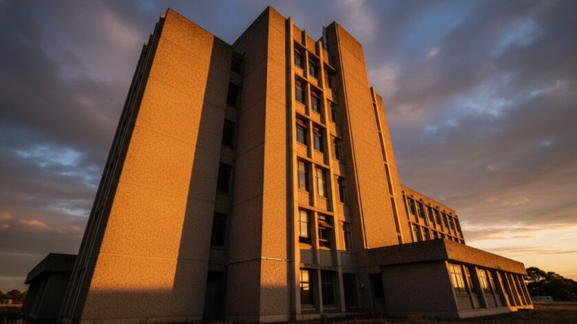 A wide-angle, dramatic sunset shot showcasing the clean lines of a brutalist mid-century building in Newborough, Victoria, with warm light bathing its facade, perfectly capturing Newborough's unique mid-century architecture.